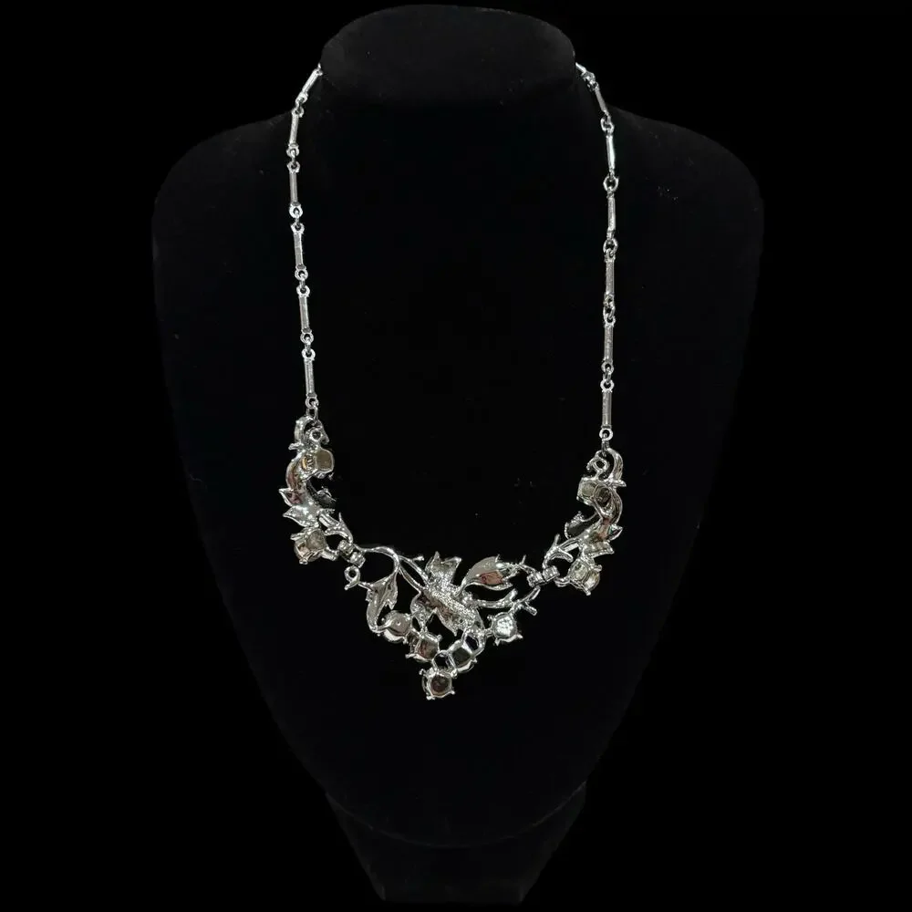 Vintage Coro Clear Rhinestone Leaf Necklace Silver Tone Rhodium Mid Century 16